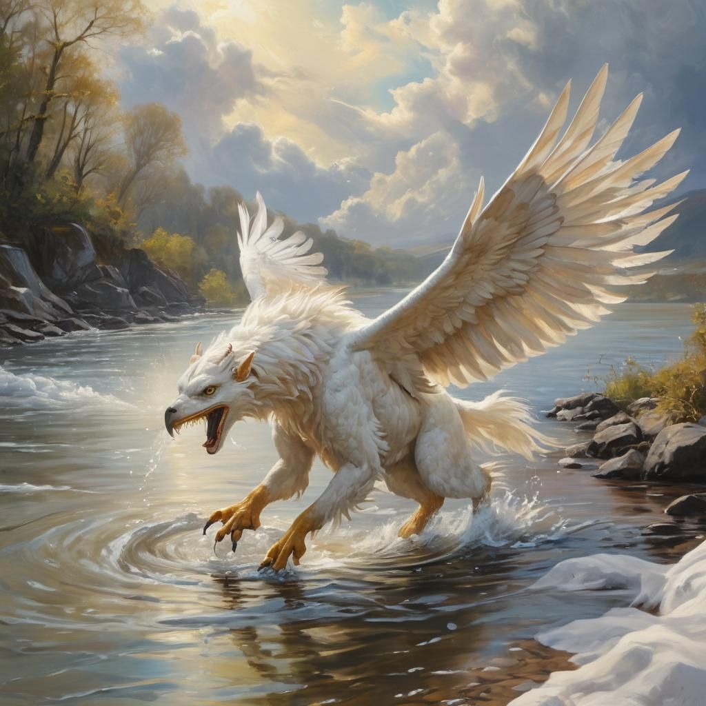 Griffin Snatching Fish in Renoir-Inspired Oil Painting