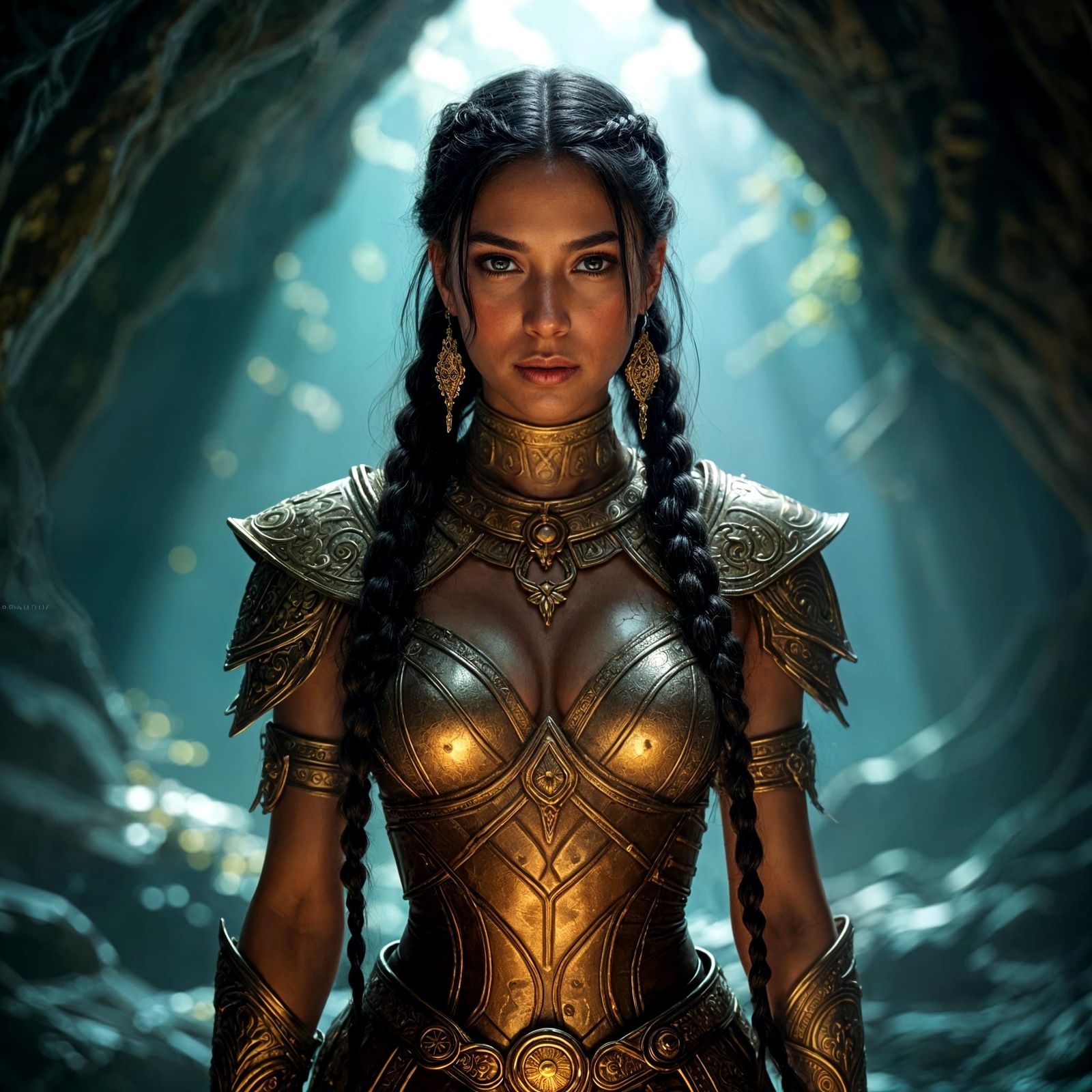 Latina Warrior Queen in Bioluminescent Cavern