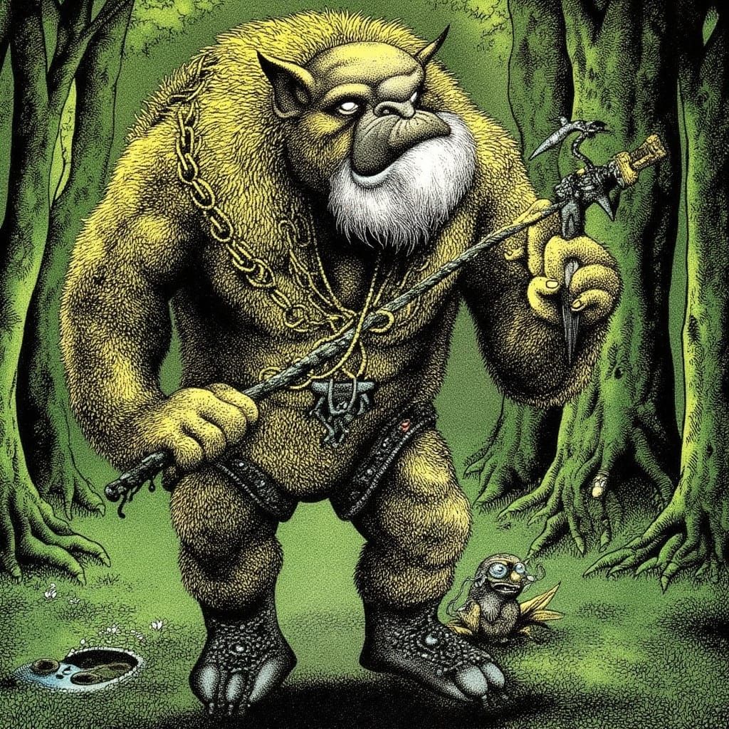Troll with Axe in Forest, Fairy Tale Illustration