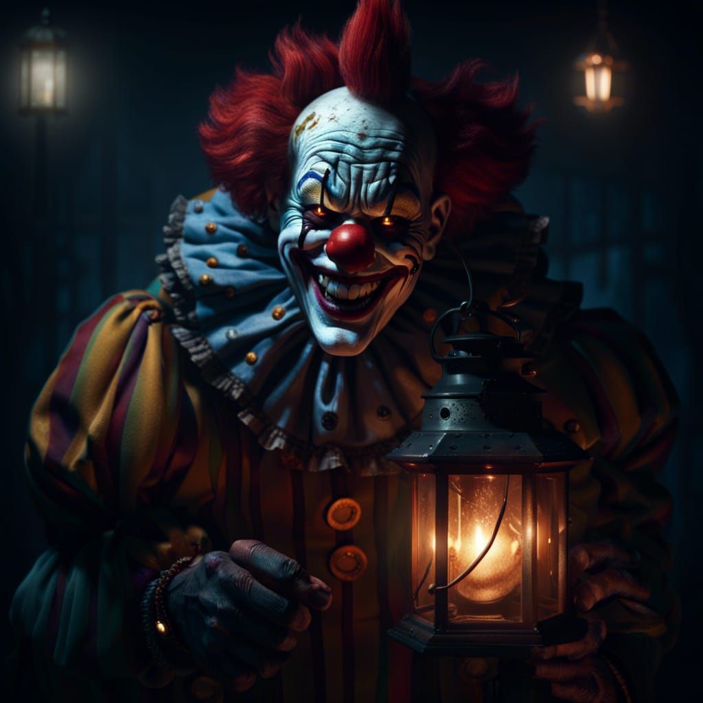 Scary Clown with Lantern in Dark Room