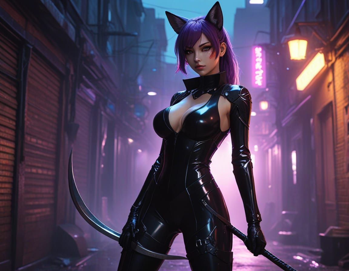 Cyberpunk Fox Girl Assassin with Glowing Scythe