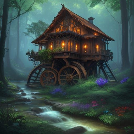 Enchanted Forest Waterwheel in Deep Blues and Oranges