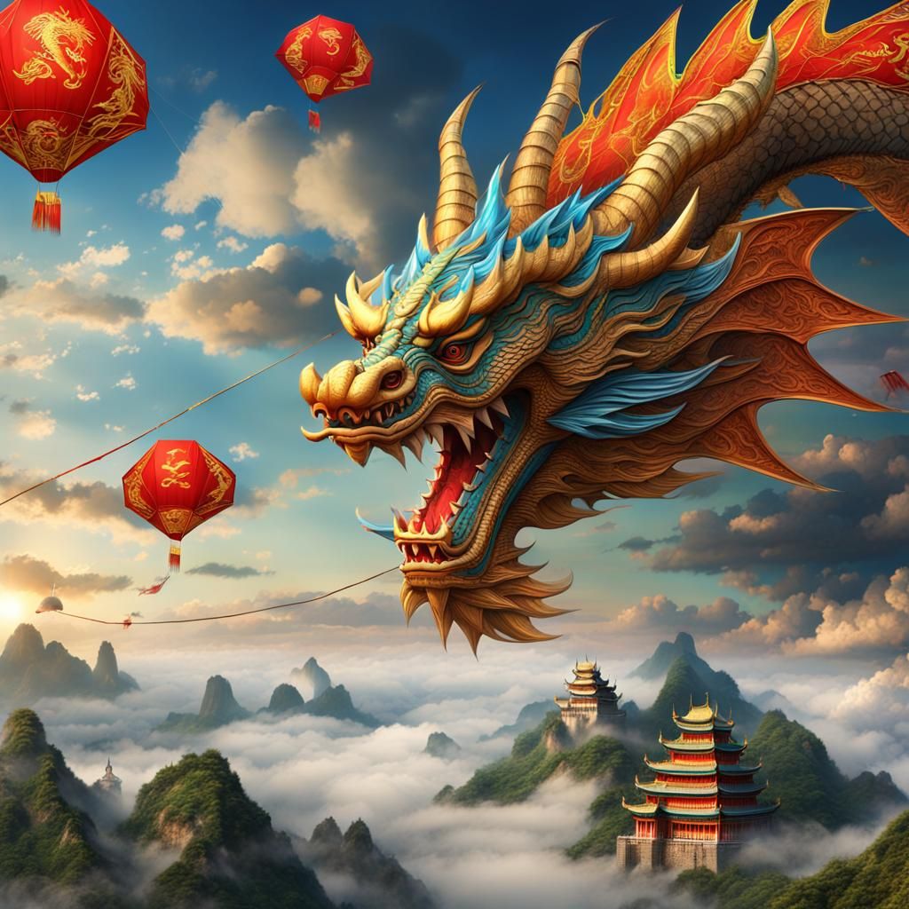 Giant Dragon Kites in Epic Digital Painting