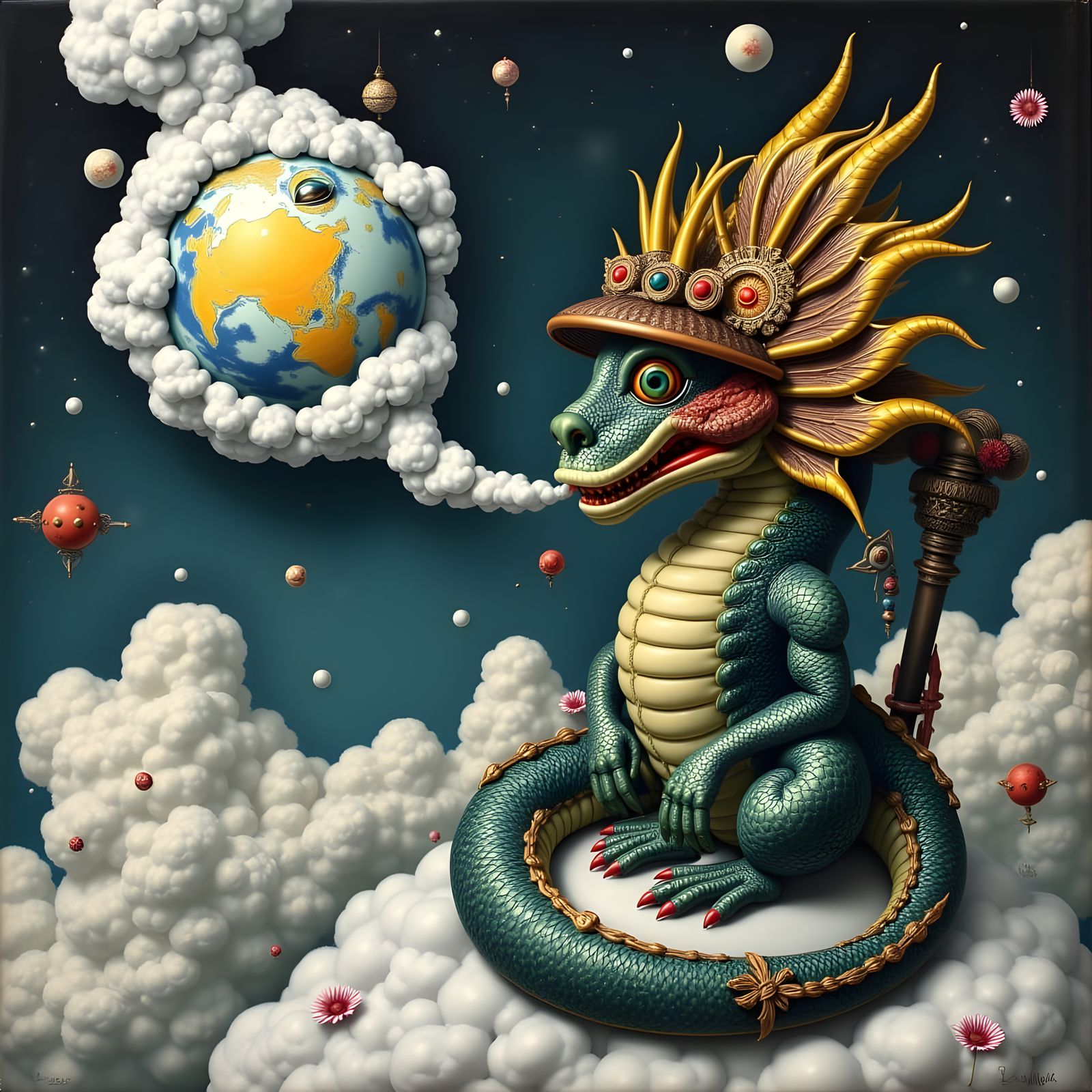 Vibrant Dragon Smokes the Globe in a Whimsical Samurai Hat