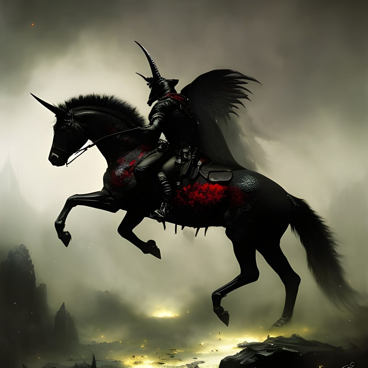 Monstrous Black Unicorn in Dark Forest, Oil Painting Style