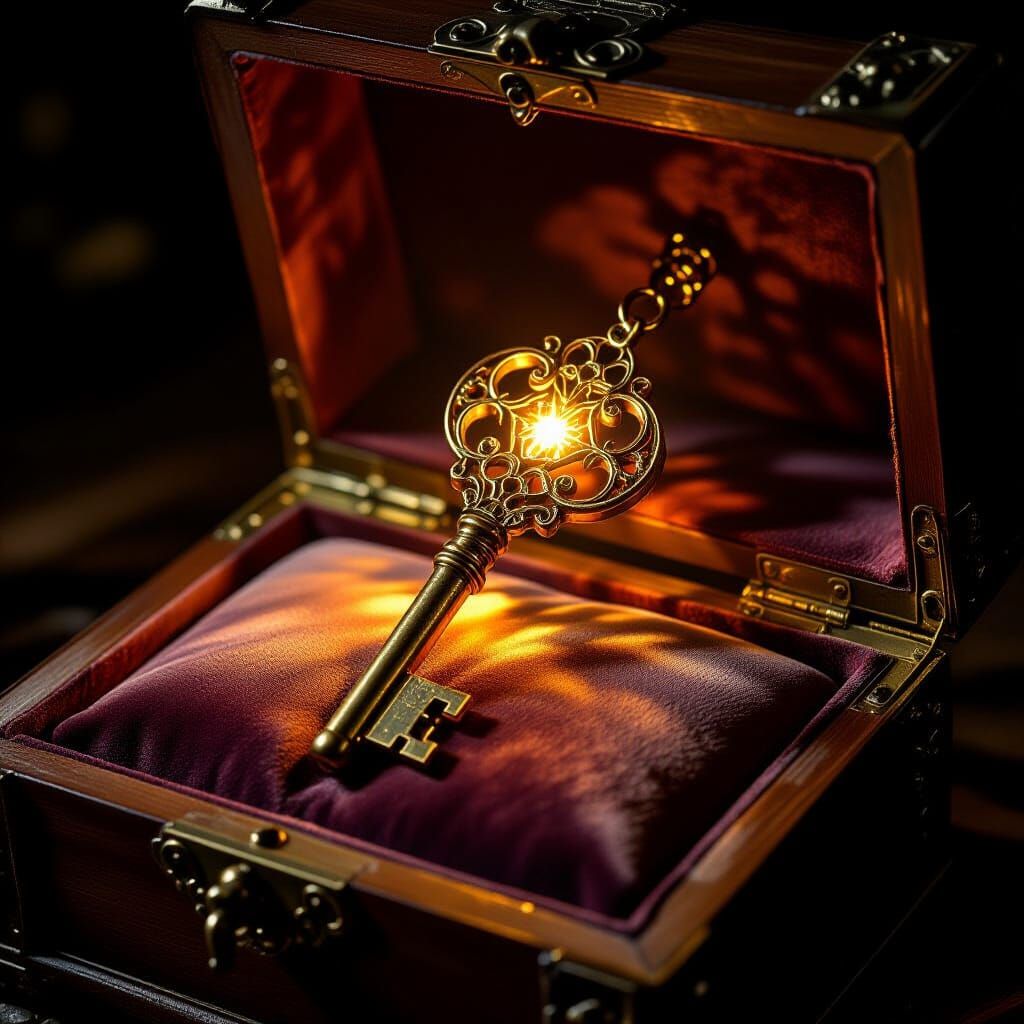 Ornate Antique Key Glowing Within Wooden Chest