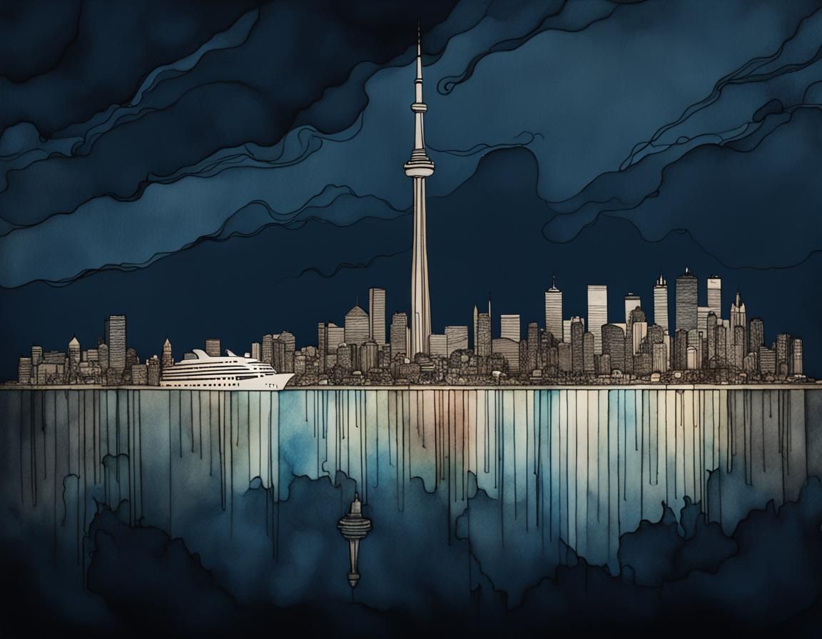 Toronto Skyline: Organic Line Drawing in Watercolour