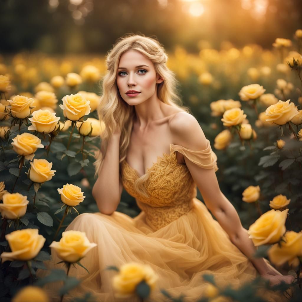 Golden Haired Maiden in Roses as Watercolor