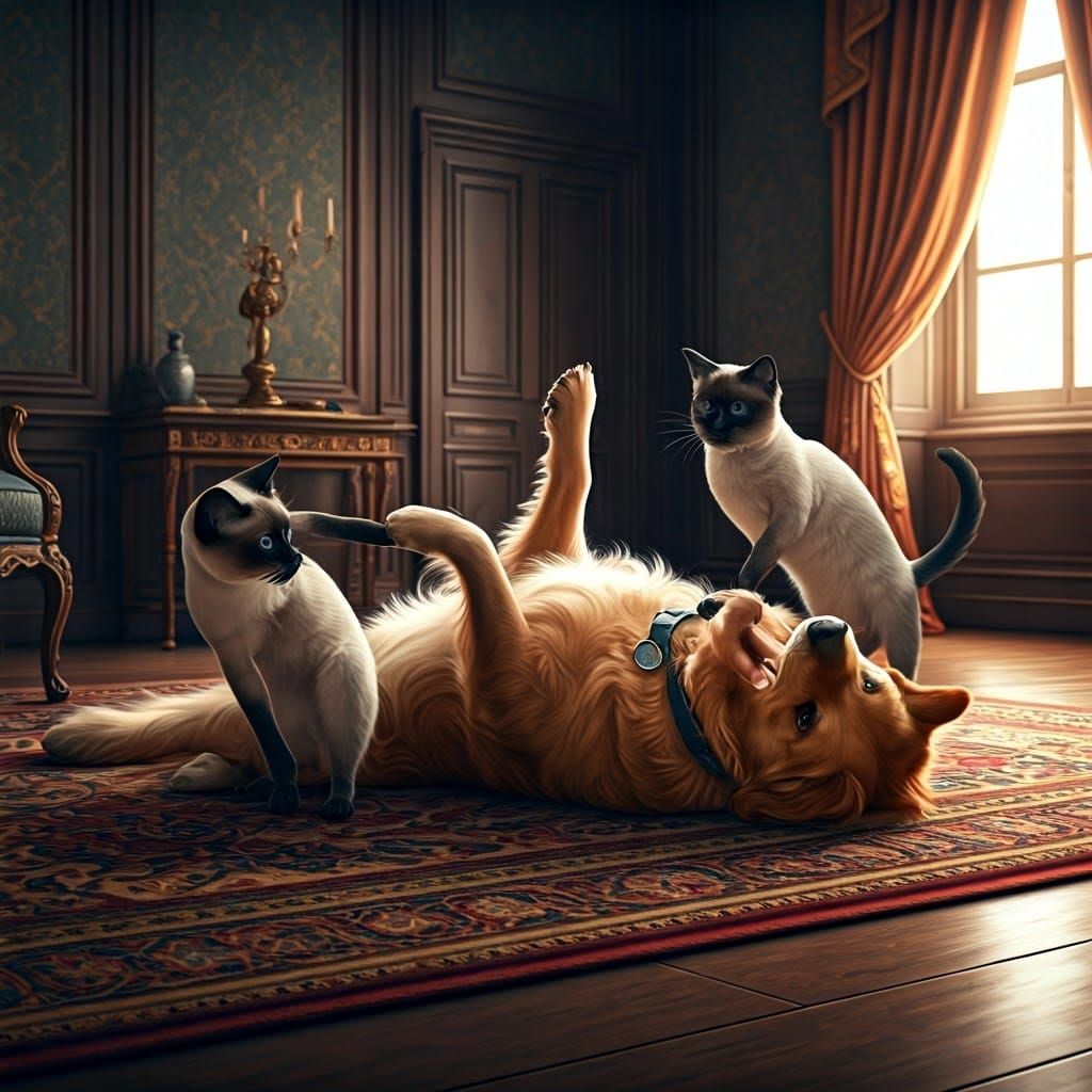 Golden Retriever Surrounded by Playful Siamese Cats in a Coz...