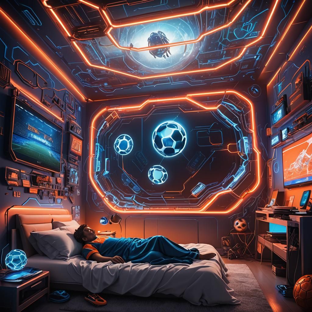Futuristic Football Fan Bedroom with Holographic Stadium