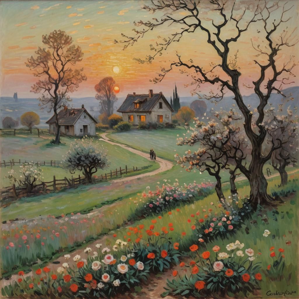 Impressionistic Landscape with Children and Orchard at Dawn