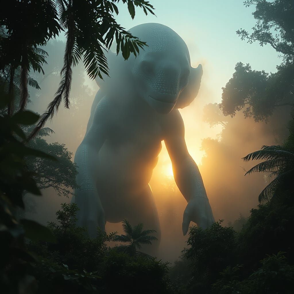 Colossal Alien Creature in Bioluminescent Jungle at Dawn