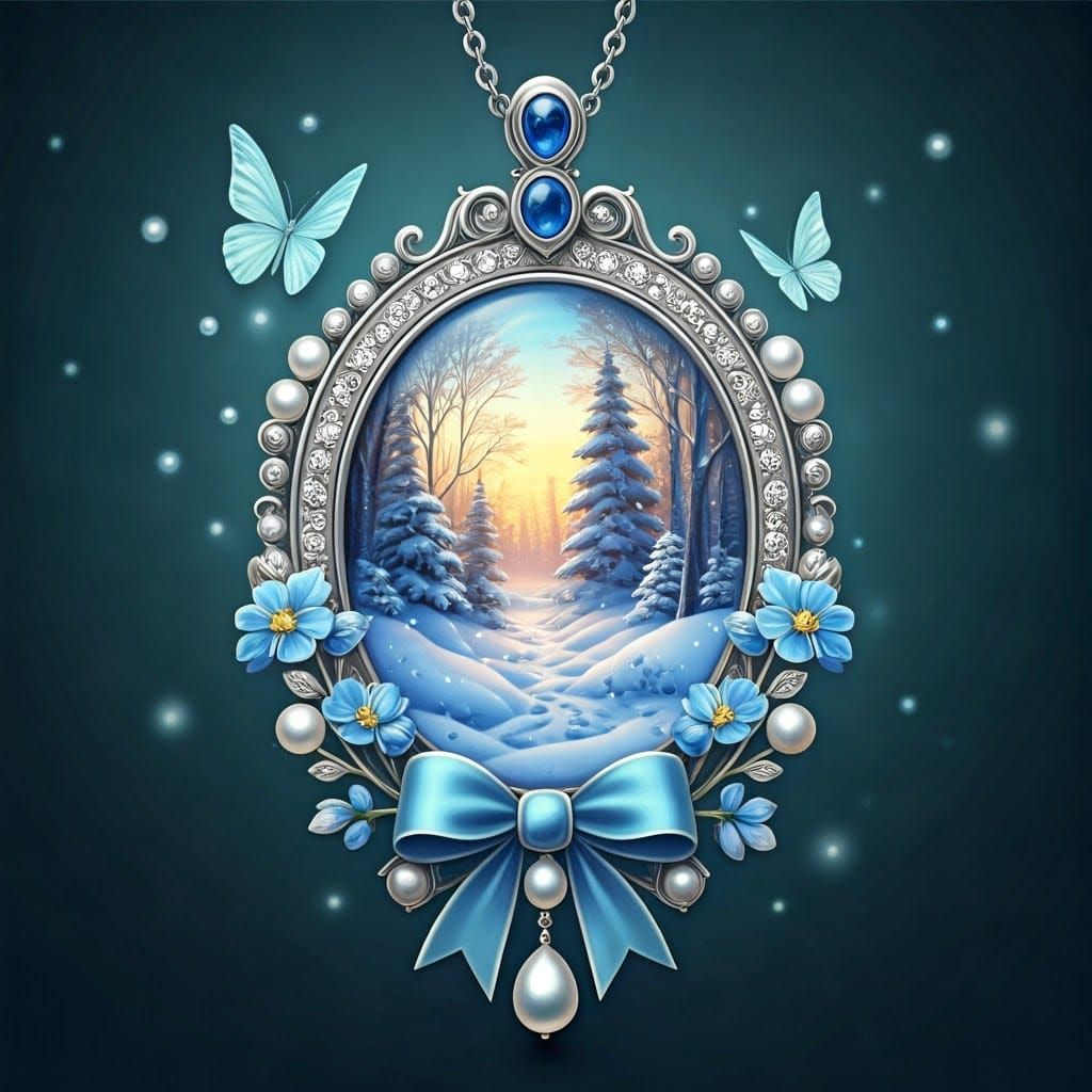 Majestic Silver Pendant with Whimsical Snowscape and Delicat...