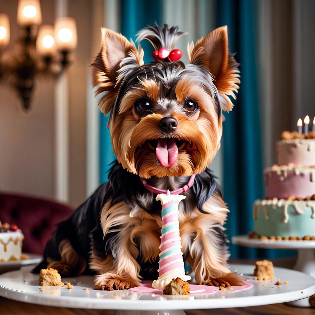 Greedy Yorkie Dog Eating Cake, Professional Photography