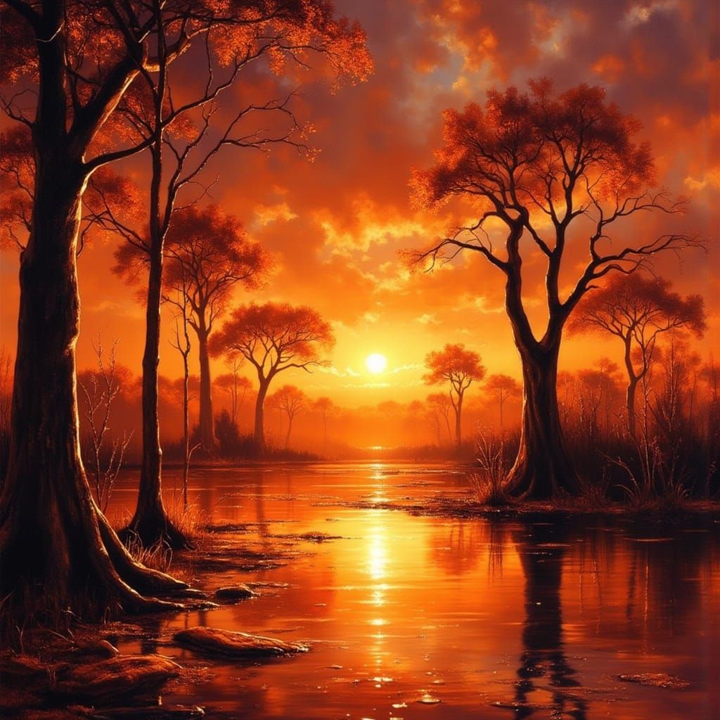 Fiery Sunset Landscape with Baobab Trees