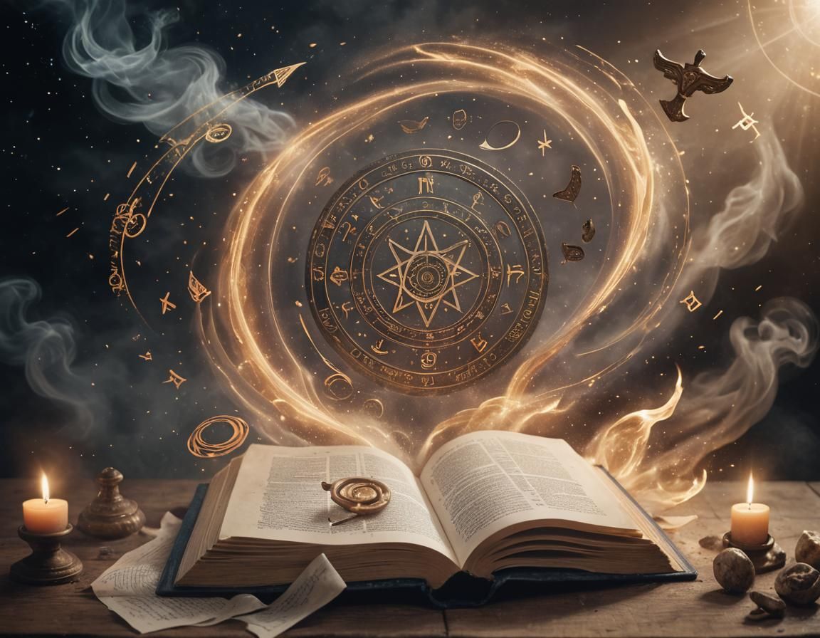 an open book sitting on top of a table, magical runes flying...