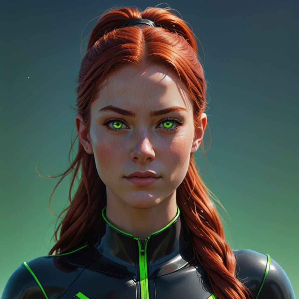 Superheroine in Neon Green and Black Suit with Red Hair and ...