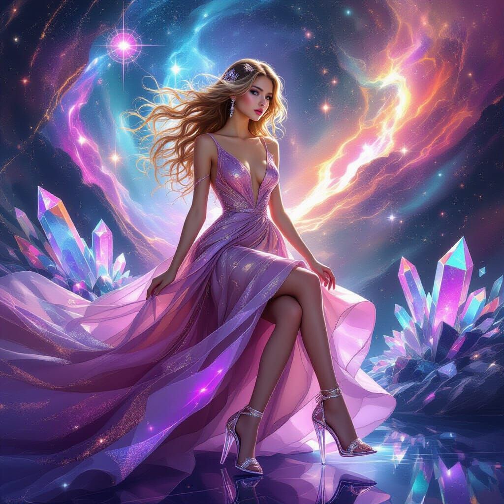 Cosmic Dreamscape: Woman in Starlight Gown