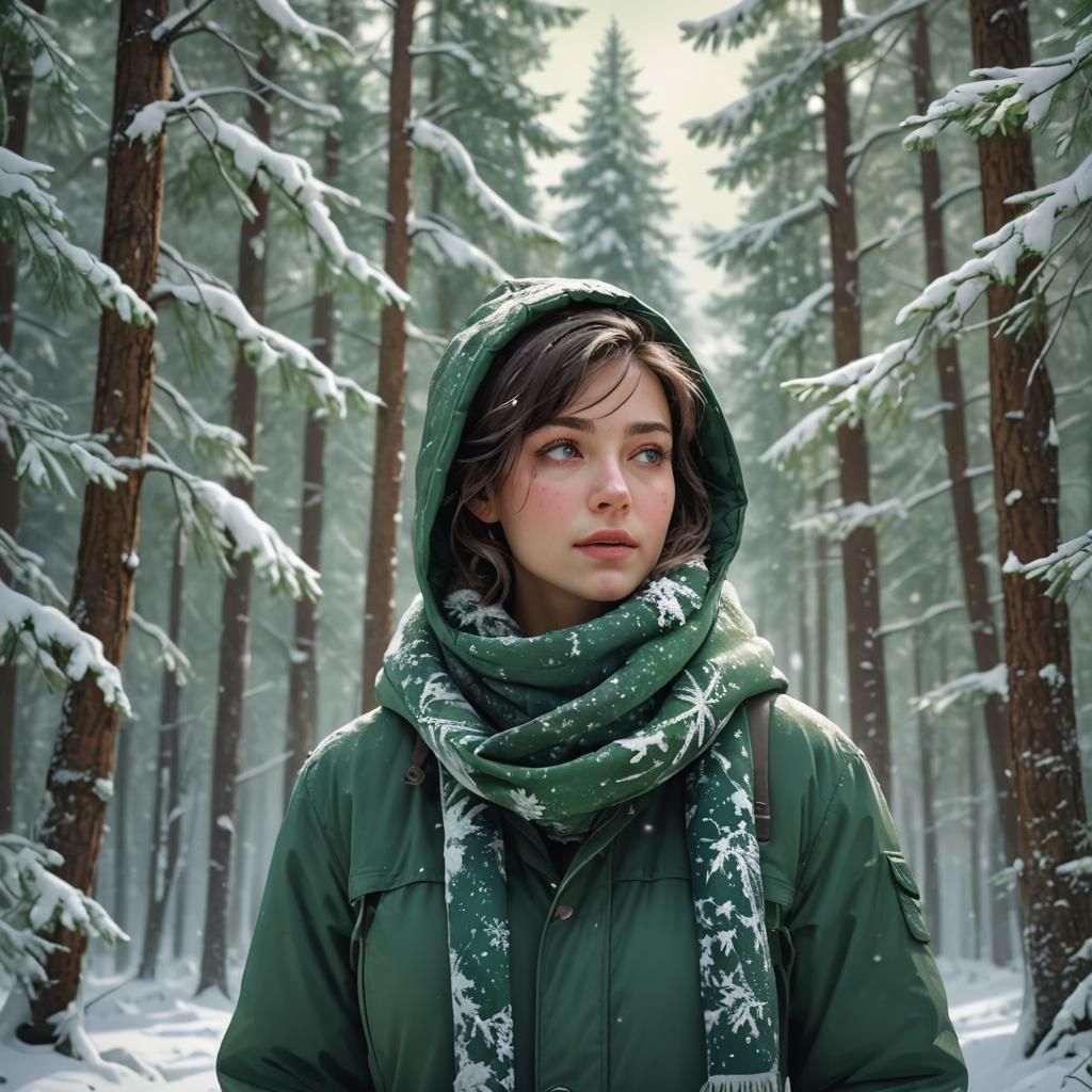 Person in Green Parka in Winter Wonderland