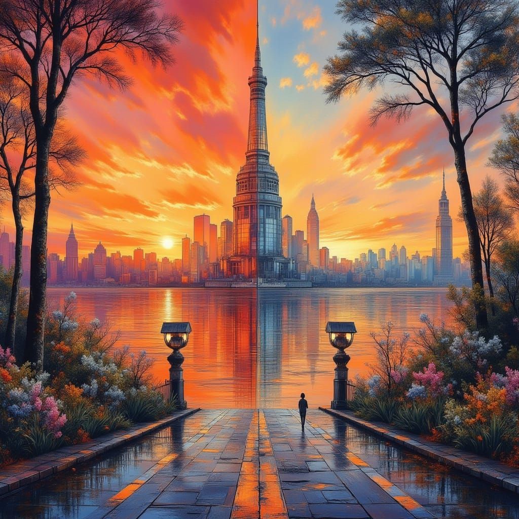 Sunrise and Sunset Landscape in Stalenhag Style