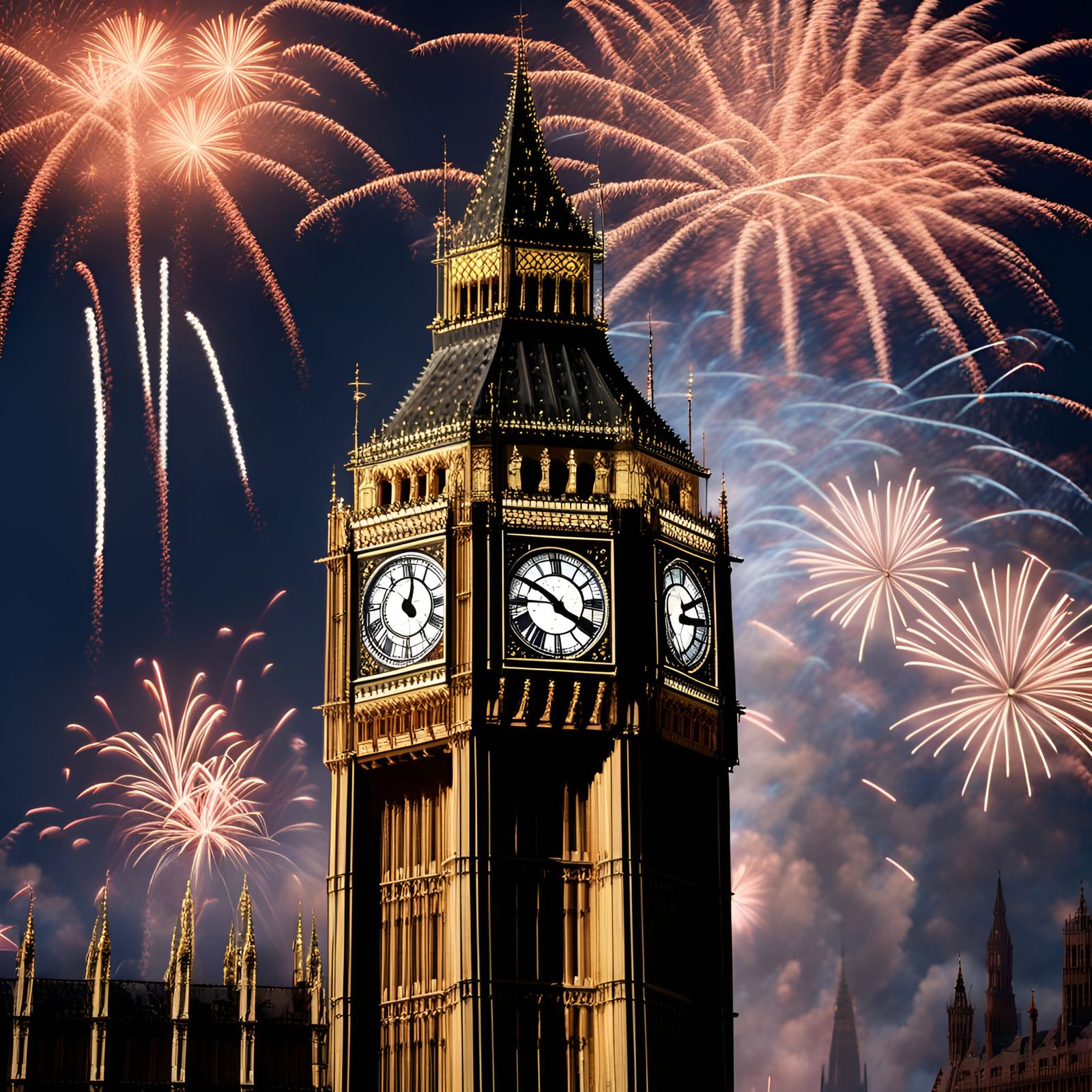 Big Ben and Fireworks in Hyperrealism
