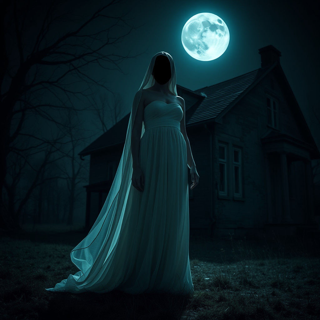 Eerie Faceless Woman in White Gown by Haunted House