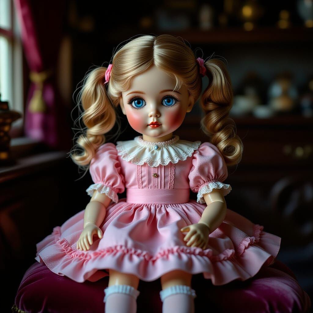 Hyperrealistic Porcelain Doll on Velvet Cushion