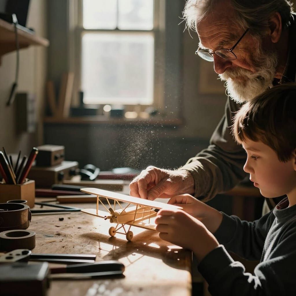 Grandfather and Grandson Build Model Airplane