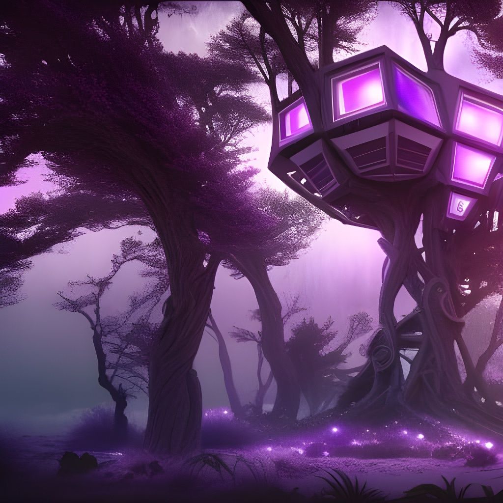 Cyberpunk Purple Treehouse in Backlight, Digital Art