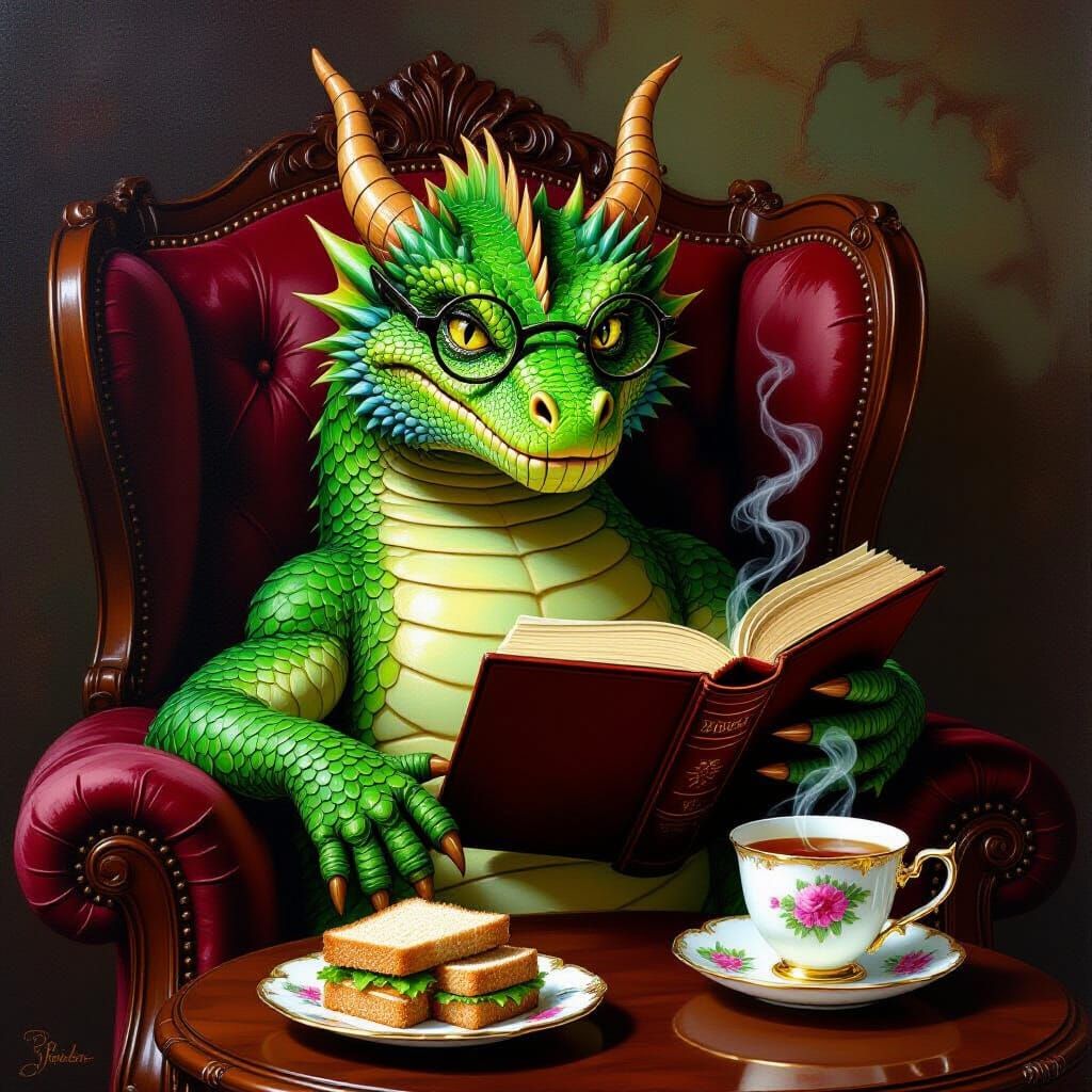 Dragon Reading in Armchair with Tea and Sandwiches