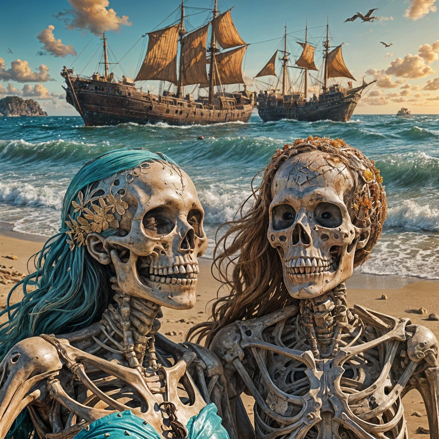 Shipwreck Skeletons on a Colorful Beach