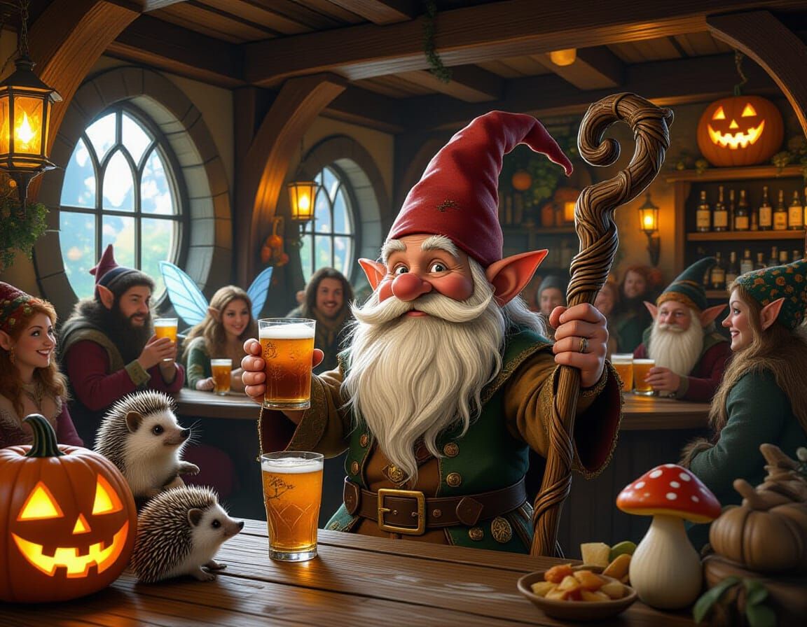 Gnome Bartender Serving Drinks in Cozy Tavern