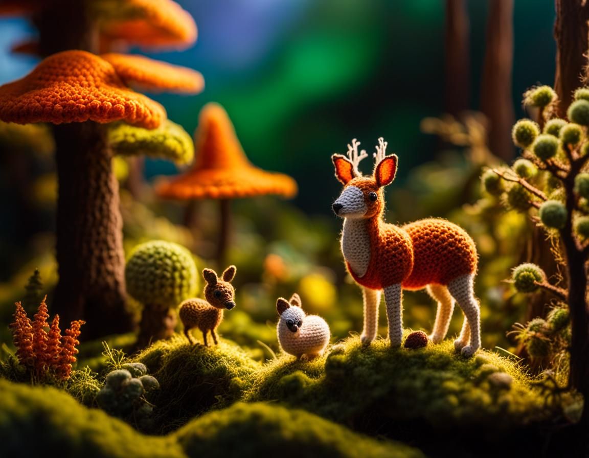 Miniature Crocheted Fantasy Forest at Sunset