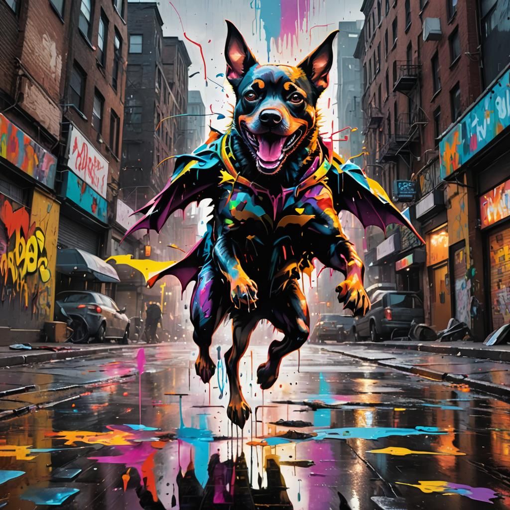 Bat-Man Dog Leaps Through Melting Cityscape