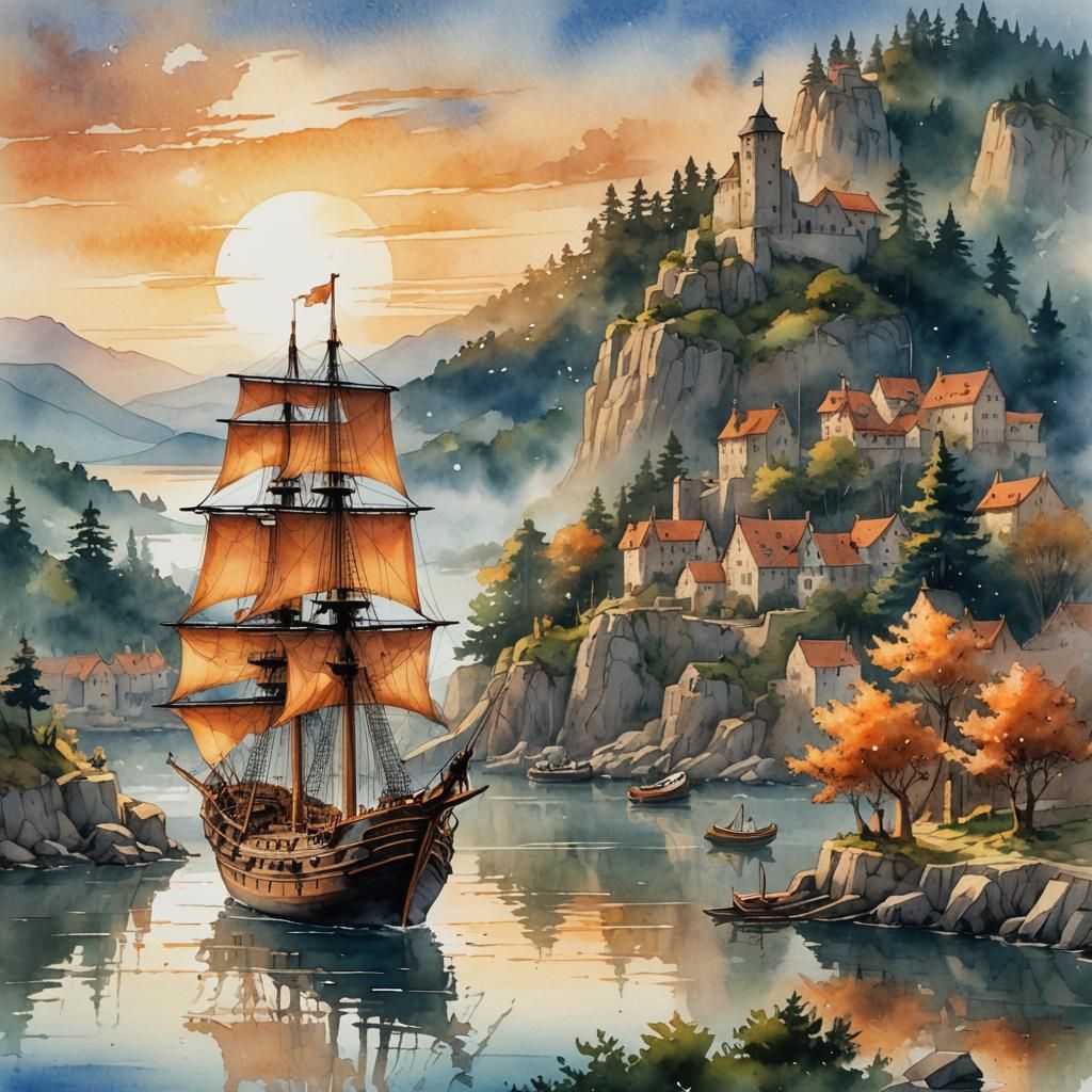 Medieval Harbor Scene with Fantasy Sailing Ship