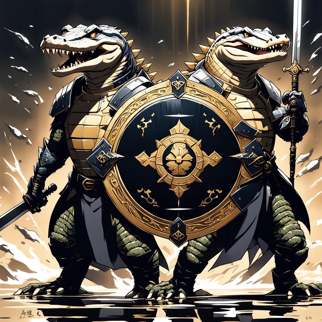 Cartoon Alligators with Shields and Swords in Anime Style