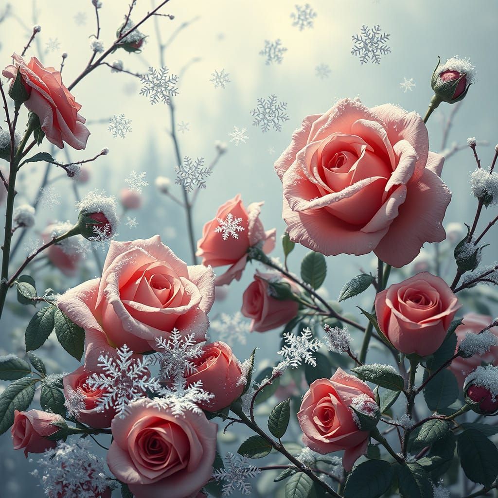 Vibrant Surreal War Between Snowflakes and Roses
