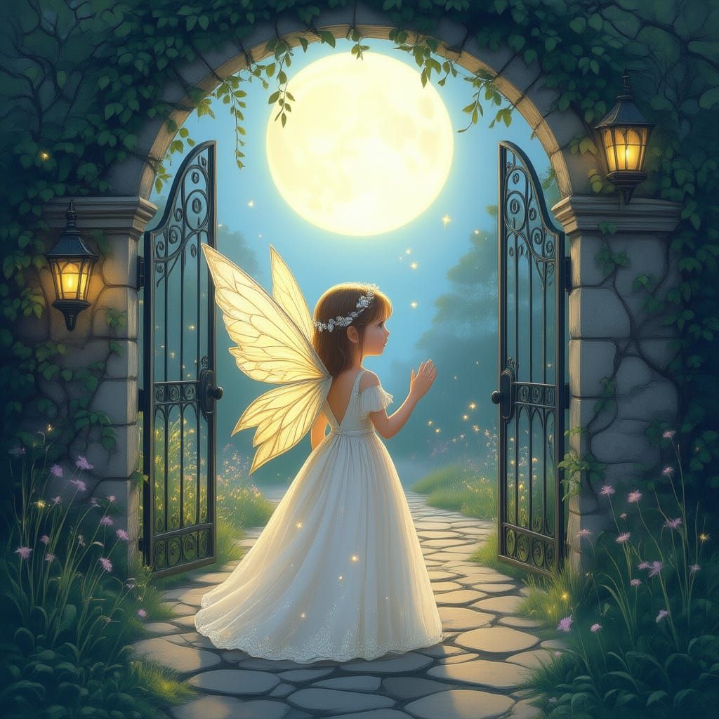 Girl Opens Gate to Enchanted Fairy Garden at Night