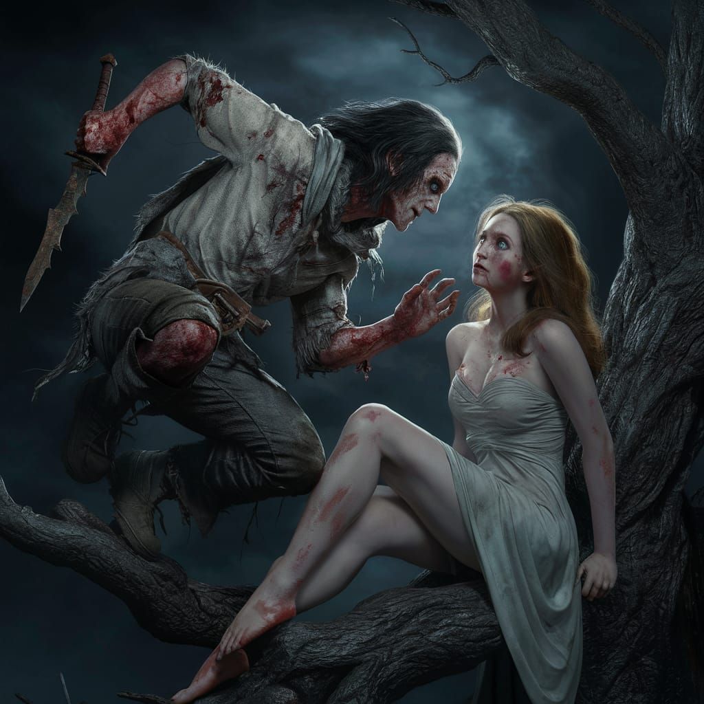 Haunting Portrait of Horror Character in Storm