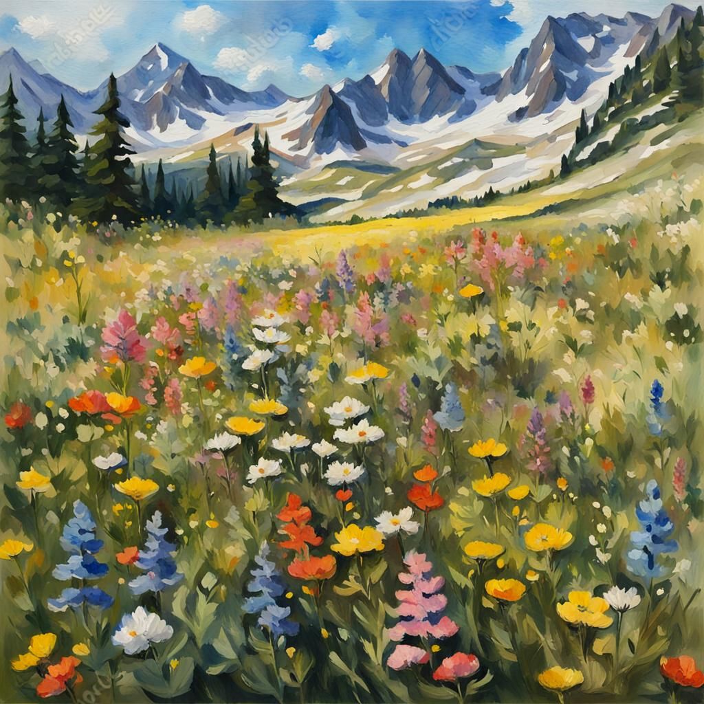 Alpine Meadow Wildflowers in Gouache Impressionist Style