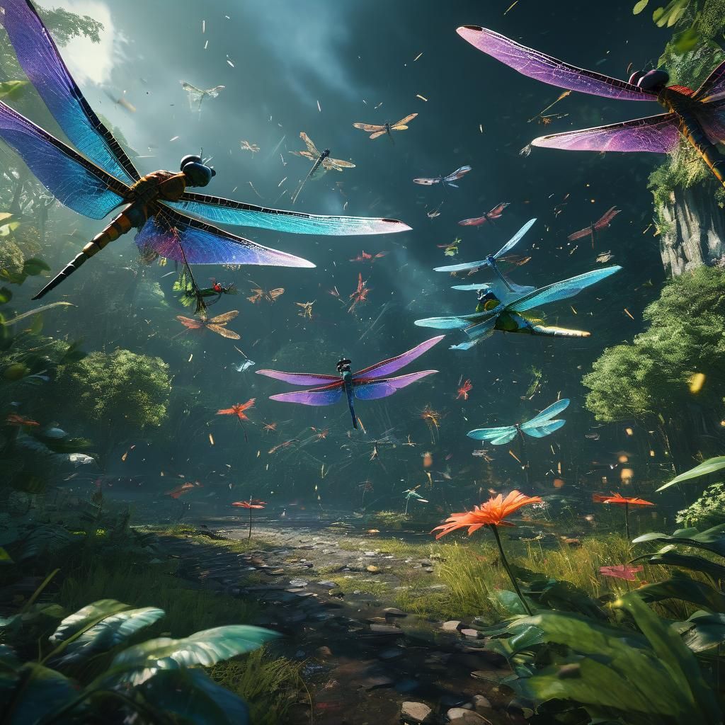 Surreal 3D Videogame Battle Scene with Dragonflies and Micro...