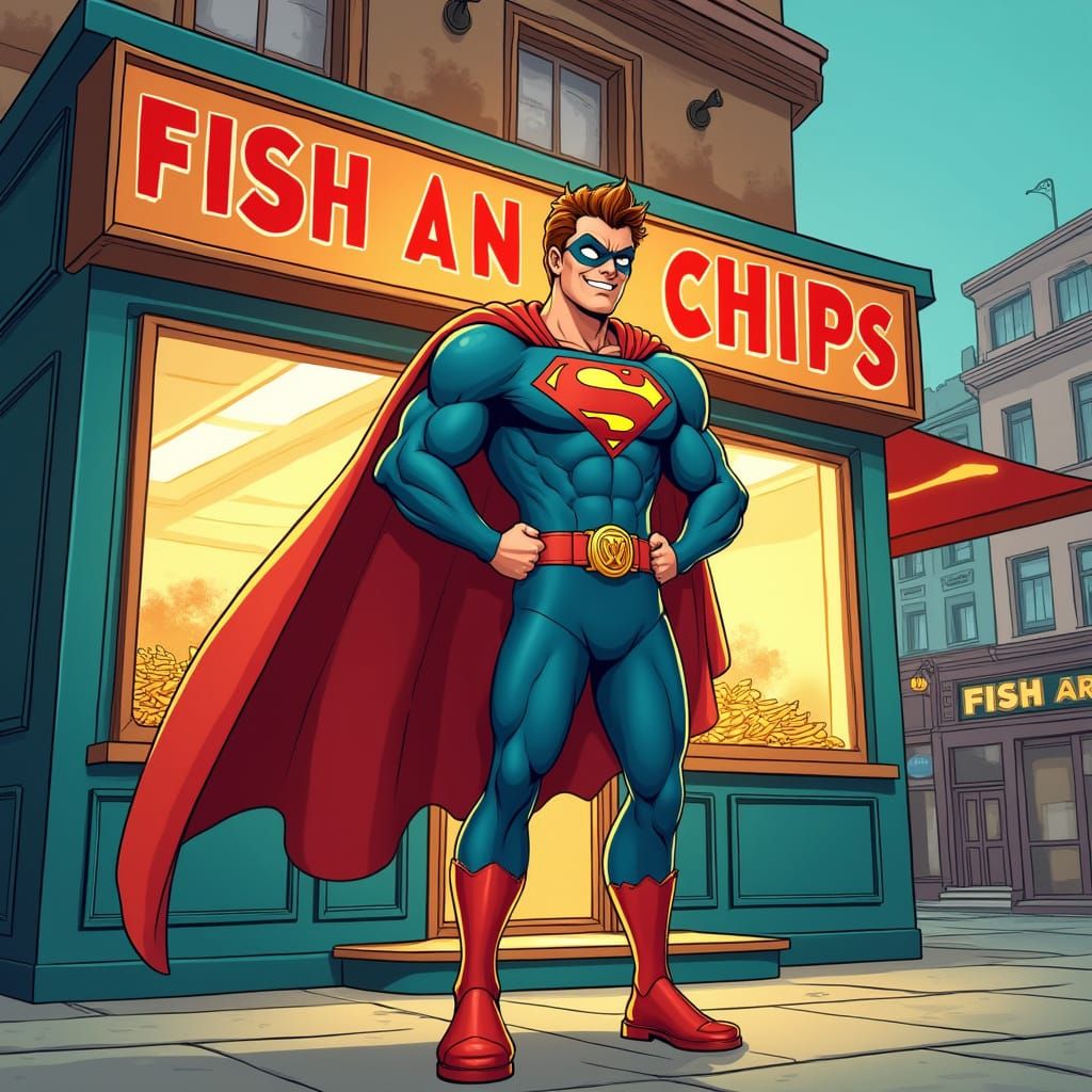Comic Book Hero Protects Fish and Chip Shop