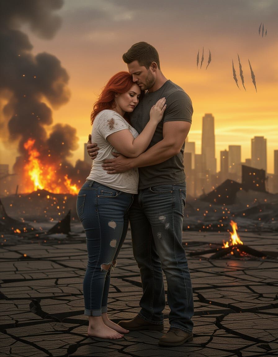 Apocalyptic Embrace in Burning Cityscape