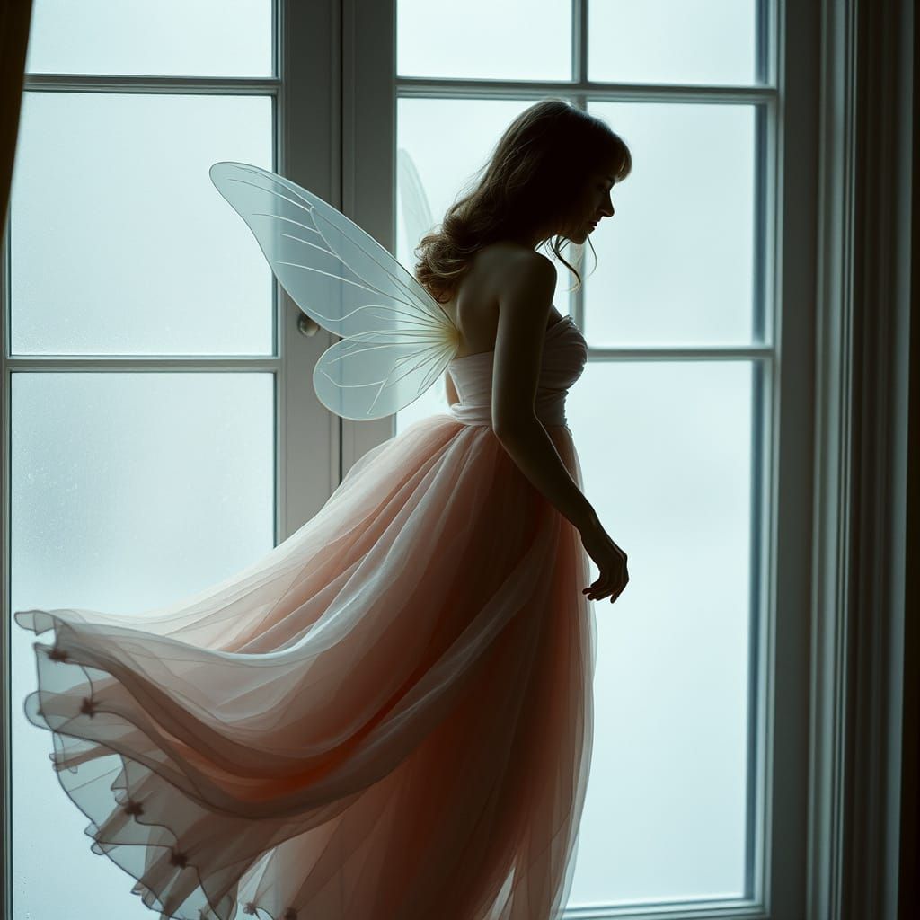 Delicate Fairy Floats by Misty Window in Cinematic Style