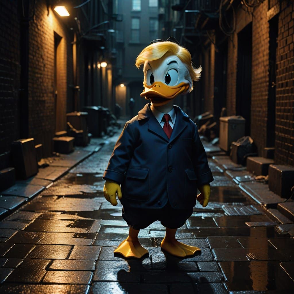 Donald Trump as Donald Duck in a Dark Alleyway Cinematic Sce...