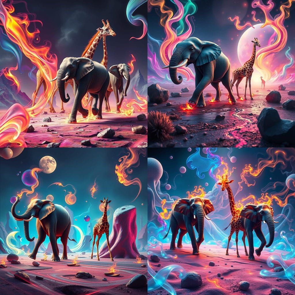 Surreal Fantasy Elephants Dance Amidst Vibrant Flames and Tw...