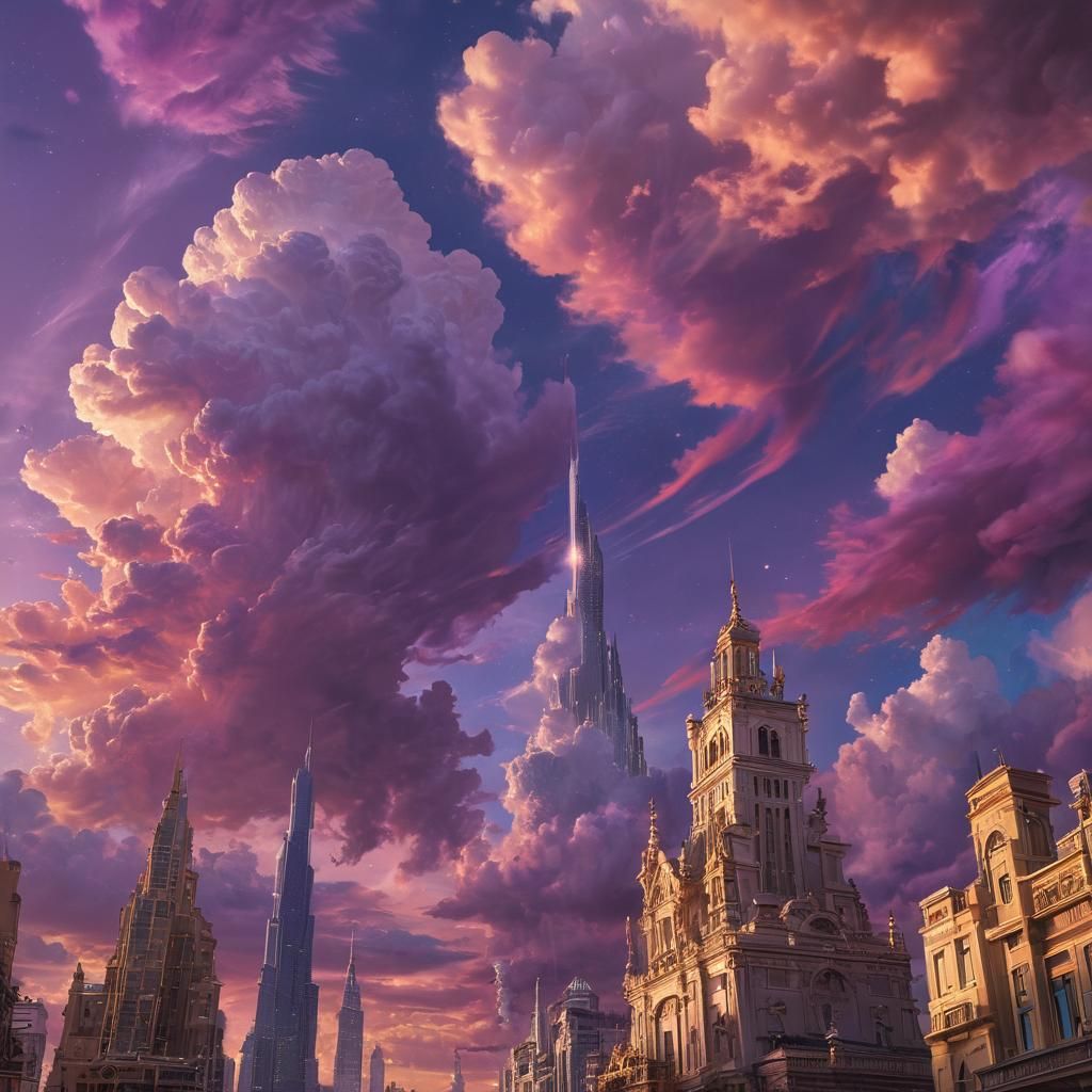 Surreal Cityscape with Purple Clouds, Digital Painting