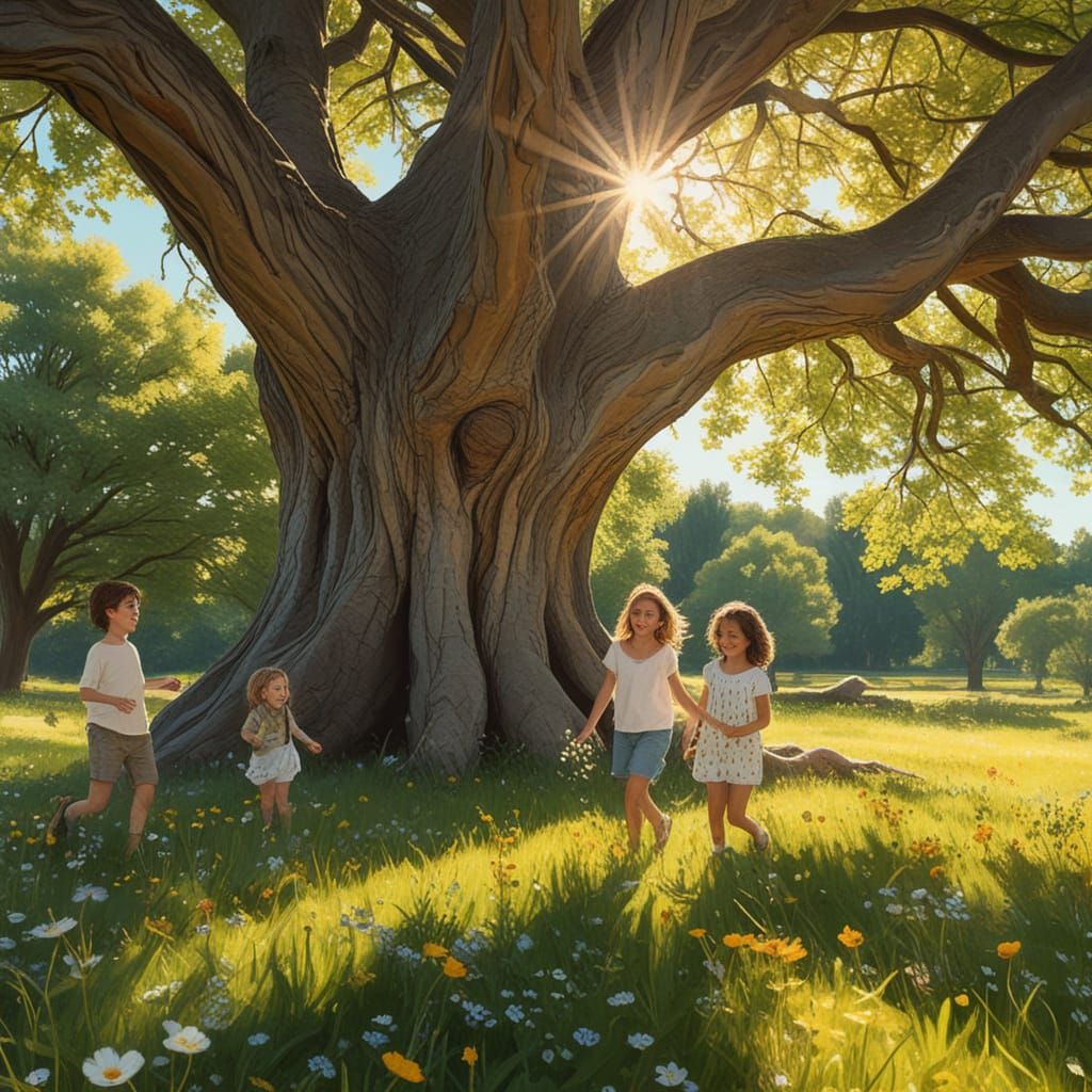 Children Play in Sunny Meadow: Whimsical Digital Painting