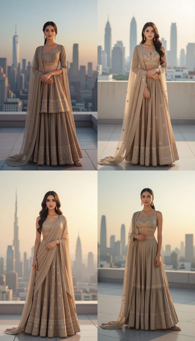 Woman Poses in Taupe Sharara on Modern Rooftop
