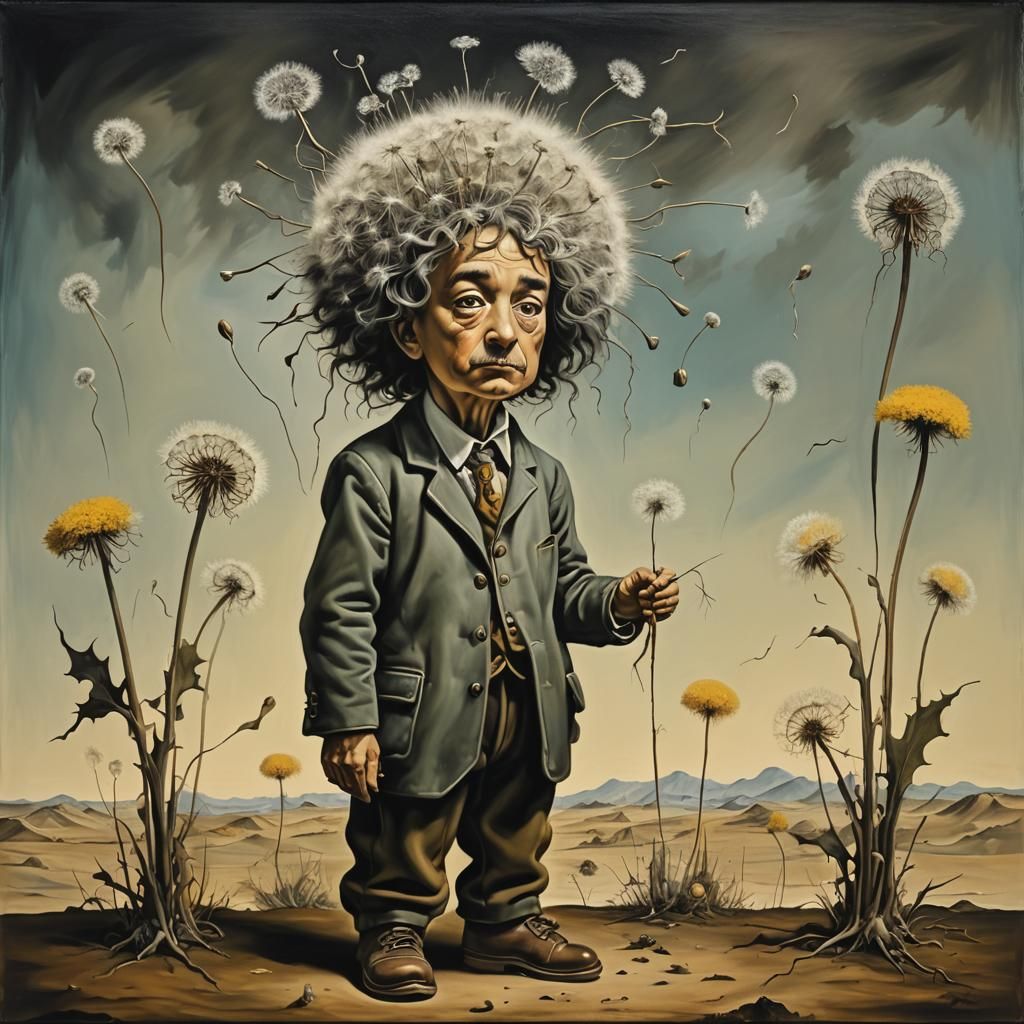 Surreal Dandelion Boy's Sadness: Dali-esque Oil Painting
